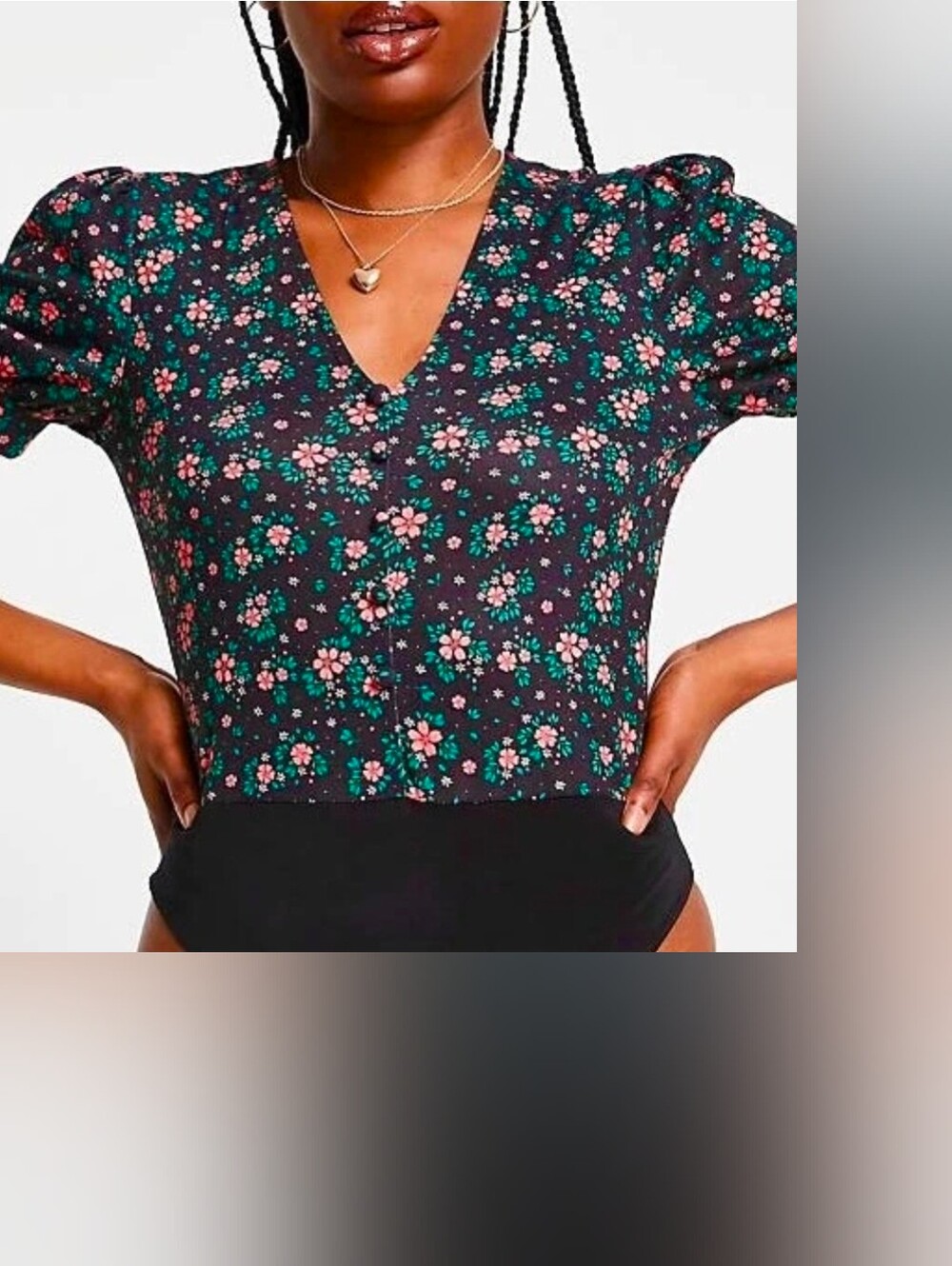 Topshop Black Floral V-Neck Puff Sleeve Bodysuit Tie Detail S